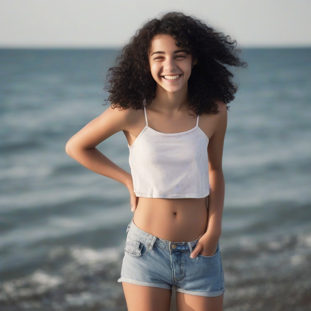 15 year old girl black curls smiling at sea by मुफ्त एआई छवि जनरेटर - बिना लॉगिन के✨ | AIGAZOU