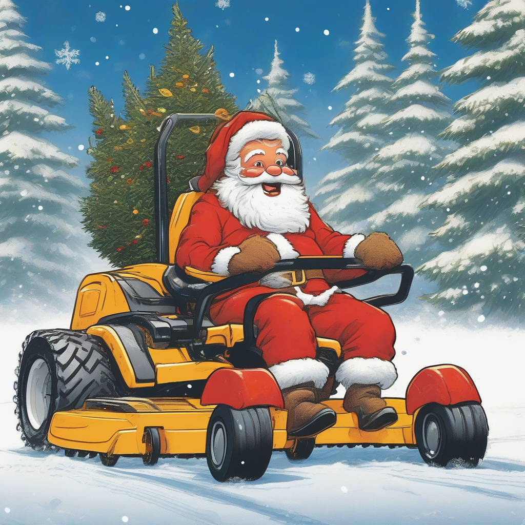 santa on yellow orange lawn mower in snowy winter landscape by मुफ्त एआई छवि जनरेटर - बिना लॉगिन के✨ | AIGAZOU