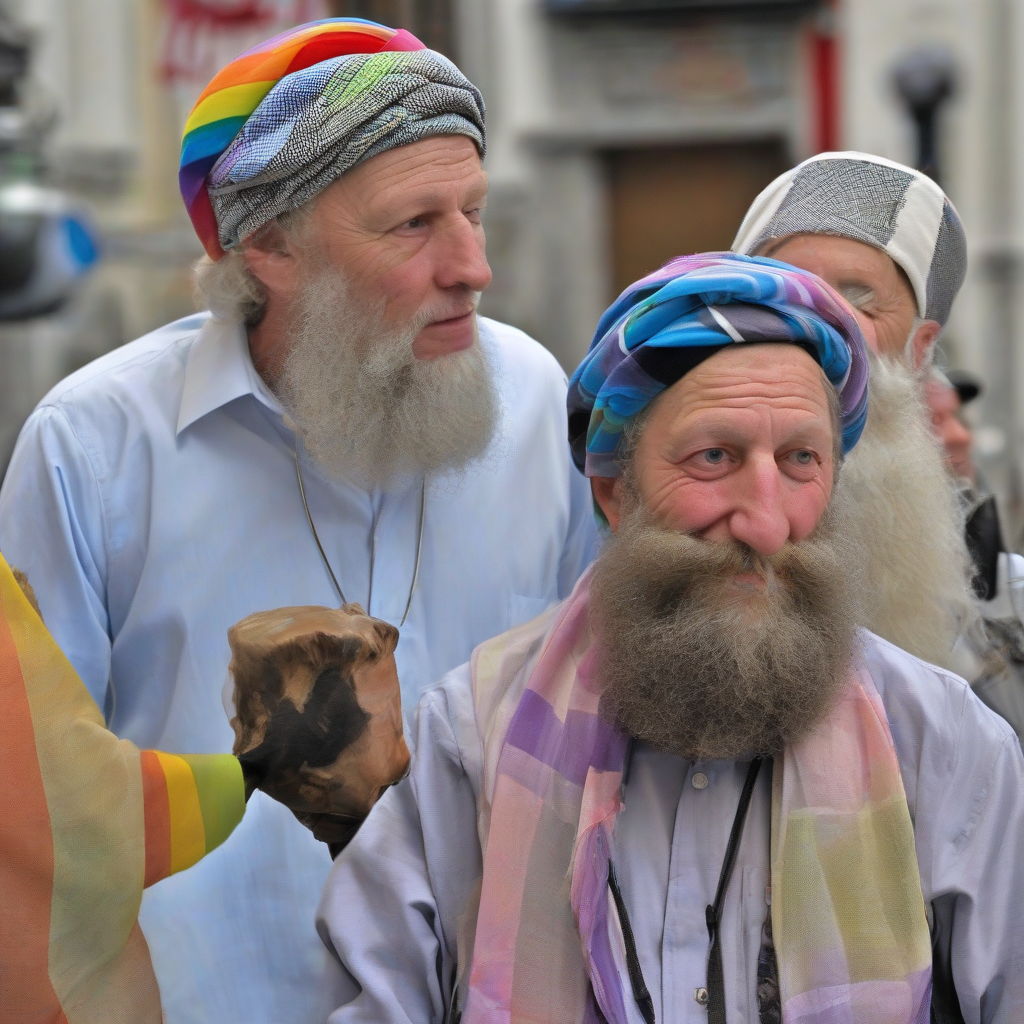 passau men with beards jewish islamic rainbow headscarves blue striped kippa by मुफ्त एआई छवि जनरेटर - बिना लॉगिन के✨ | AIGAZOU