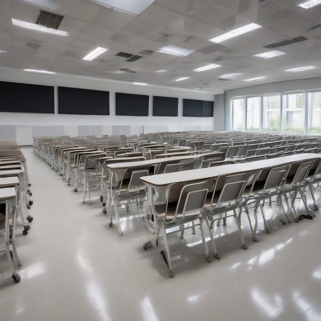 modern university lecture hall with white metal chairs and desks by मुफ्त एआई छवि जनरेटर - बिना लॉगिन के✨ | AIGAZOU