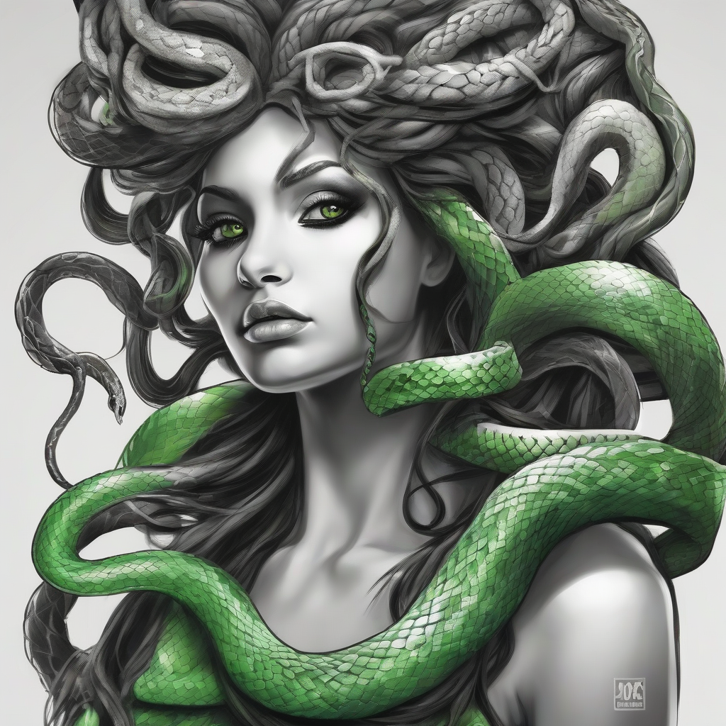 create a beautiful black and white drawing of medusa with green snake hair by मुफ्त एआई छवि जनरेटर - बिना लॉगिन के✨ | AIGAZOU