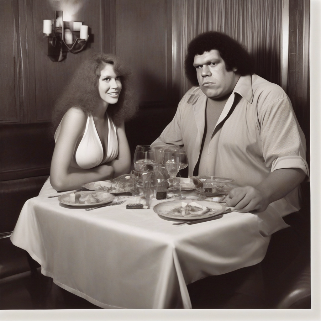 andre the giant romantic dinner with beautiful redhead woman by मुफ्त एआई छवि जनरेटर - बिना लॉगिन के✨ | AIGAZOU