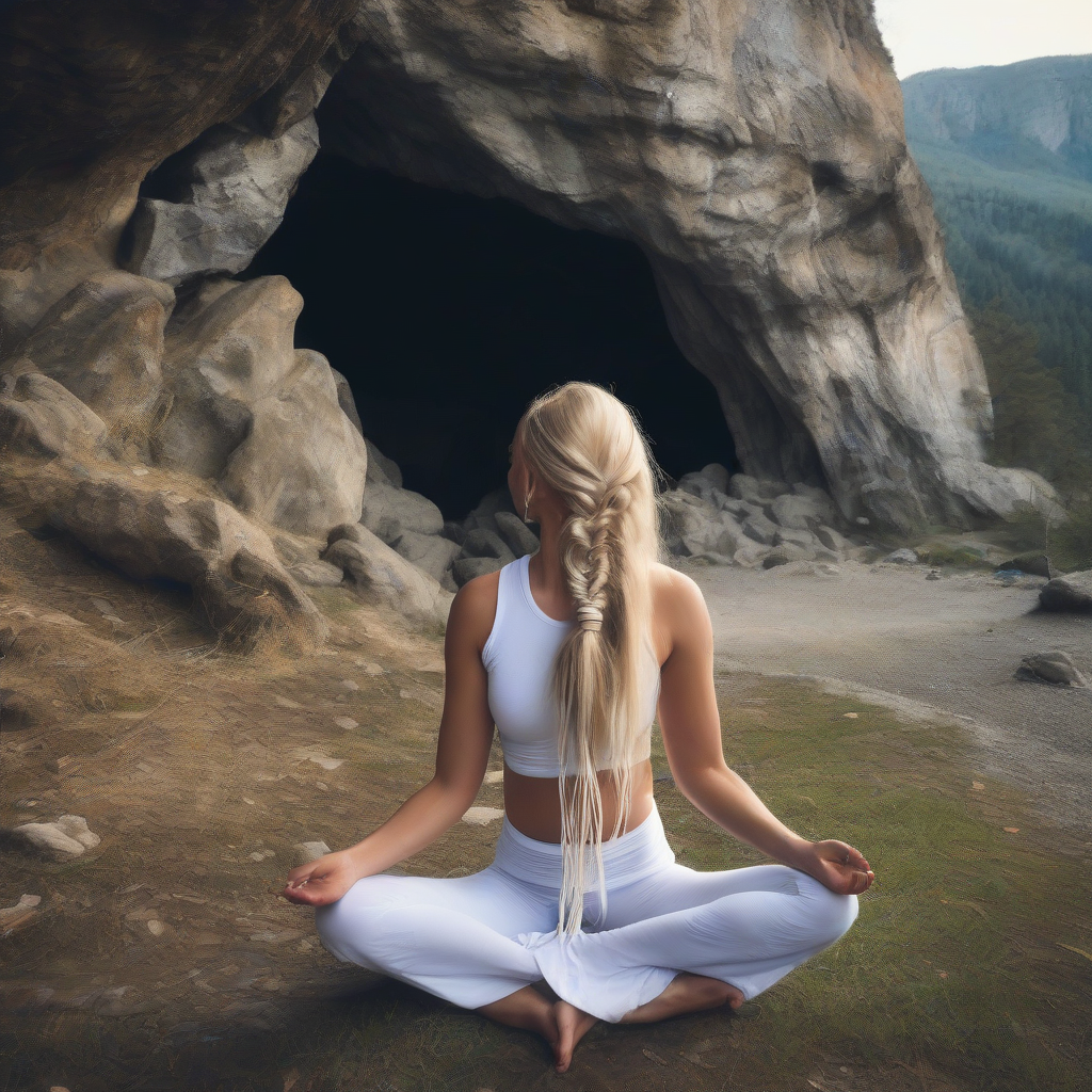 blonde yogini with long braid in mountains by मुफ्त एआई छवि जनरेटर - बिना लॉगिन के✨ | AIGAZOU