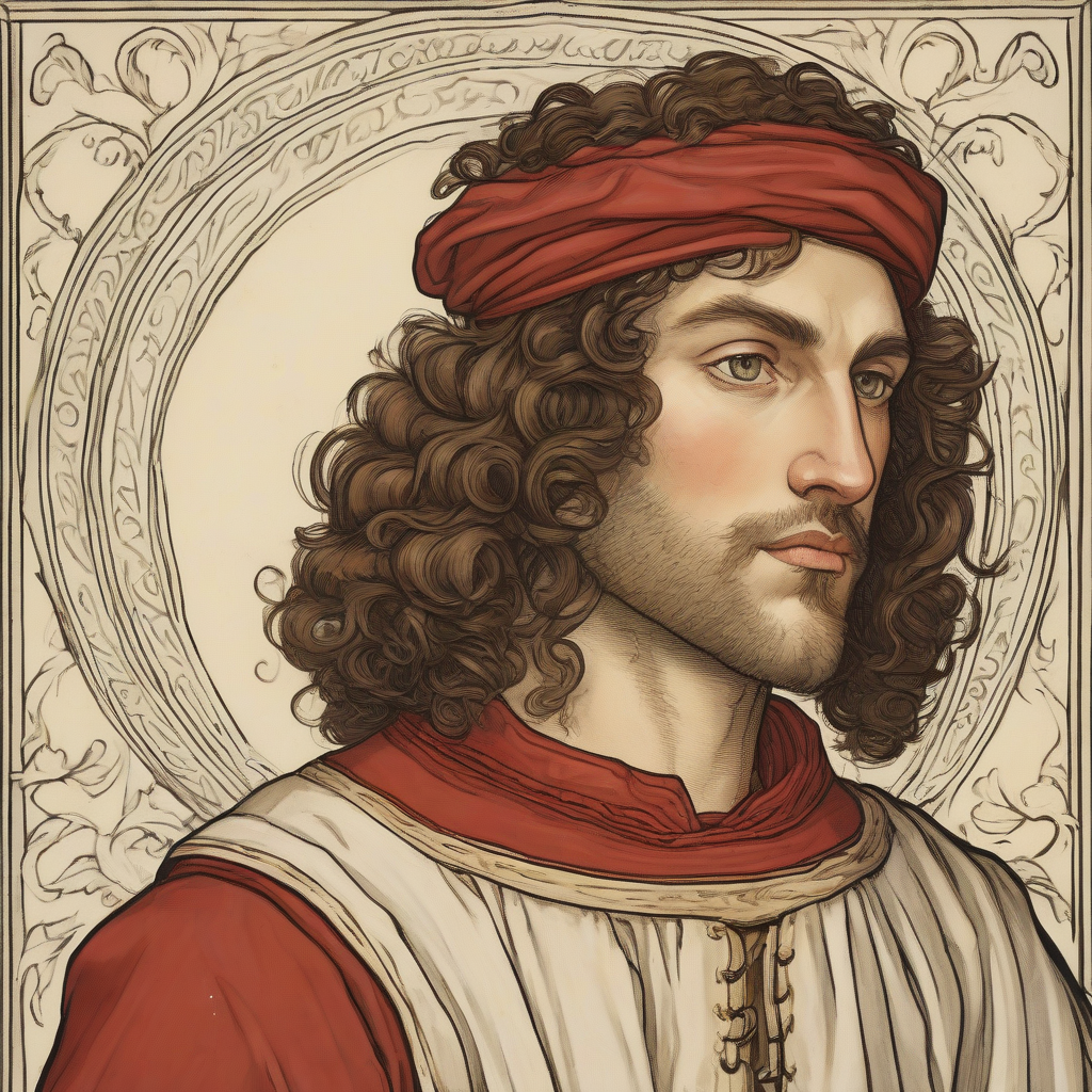 a nobleman in the 15 16th century brown curly hair green eyes wearing a red tunic 31 years old handsome by मुफ्त एआई छवि जनरेटर - बिना लॉगिन के✨ | AIGAZOU