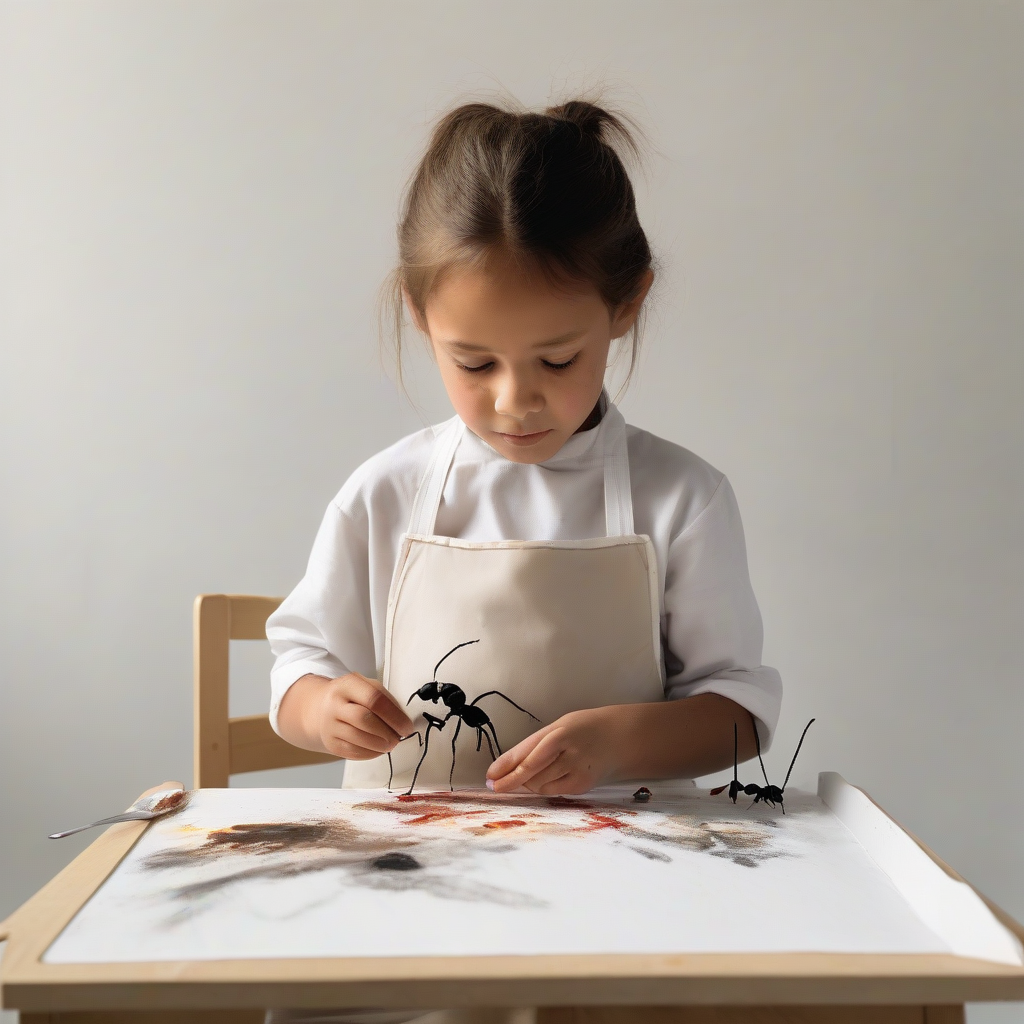 a 7 year old child wearing a paint stained apron painting an ant by 免费AI图像生成工具 | AIGAZOU