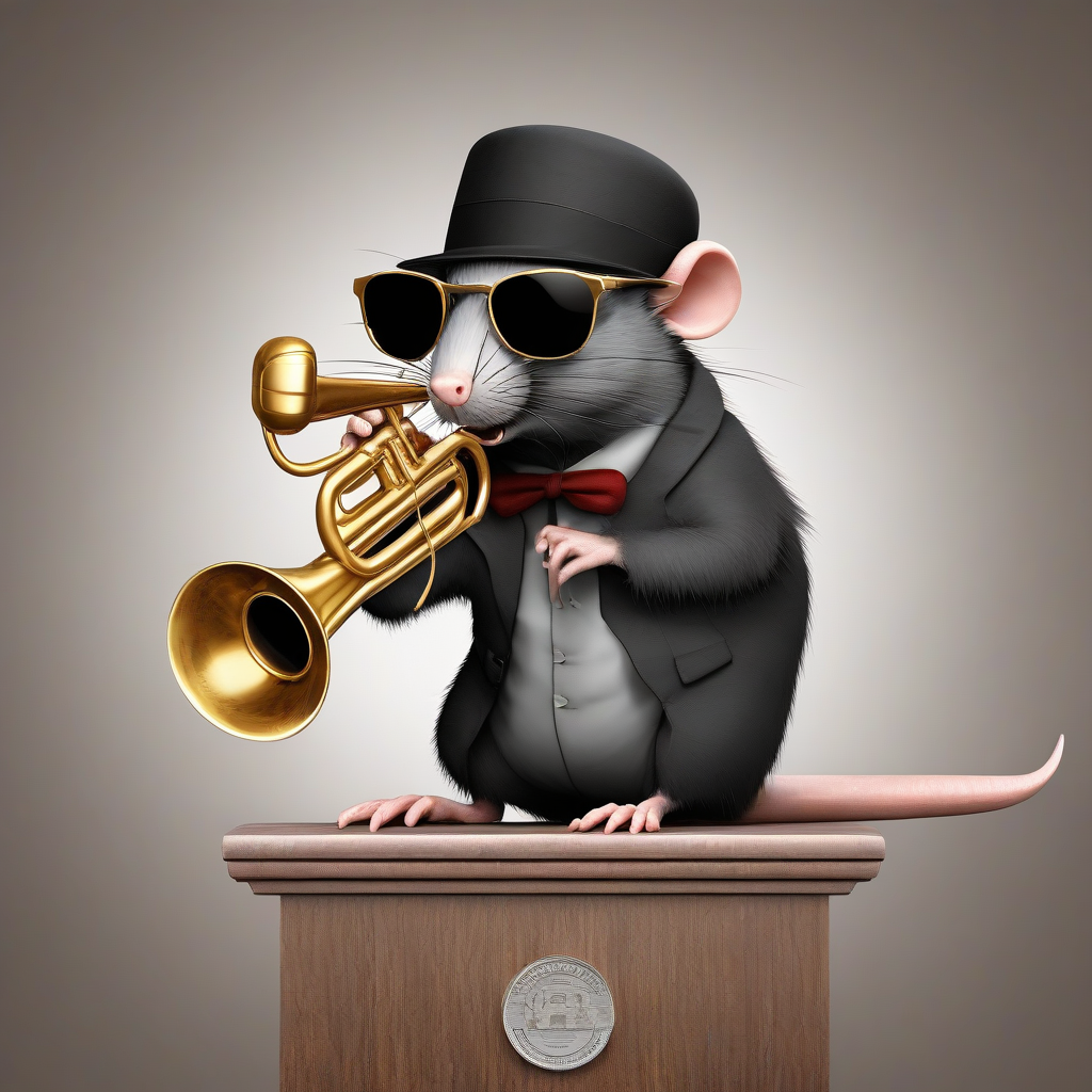 rat with dark glasses and hat plays trumpet on podium by मुफ्त एआई छवि जनरेटर - बिना लॉगिन के✨ | AIGAZOU