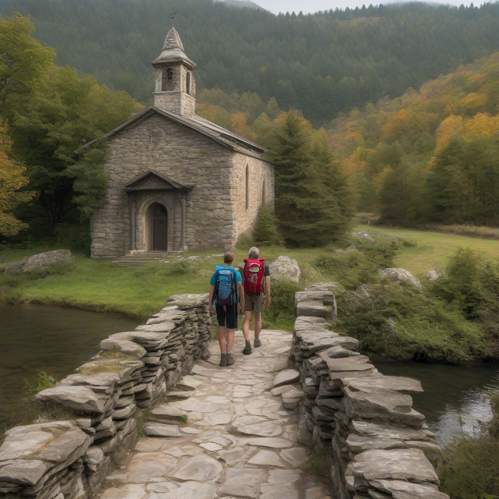 two hikers with backpacks and sticks on an old stone bridge looking at an old chapel by मुफ्त एआई छवि जनरेटर - बिना लॉगिन के✨ | AIGAZOU