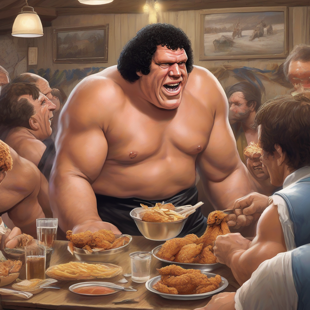 andre the giant eating fried chicken by मुफ्त एआई छवि जनरेटर - बिना लॉगिन के✨ | AIGAZOU