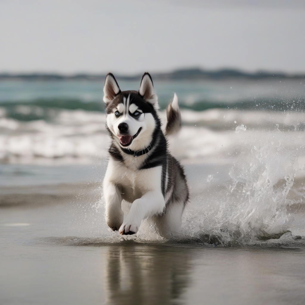 playing in the water at the beach husky by 免费AI图像生成工具 | AIGAZOU