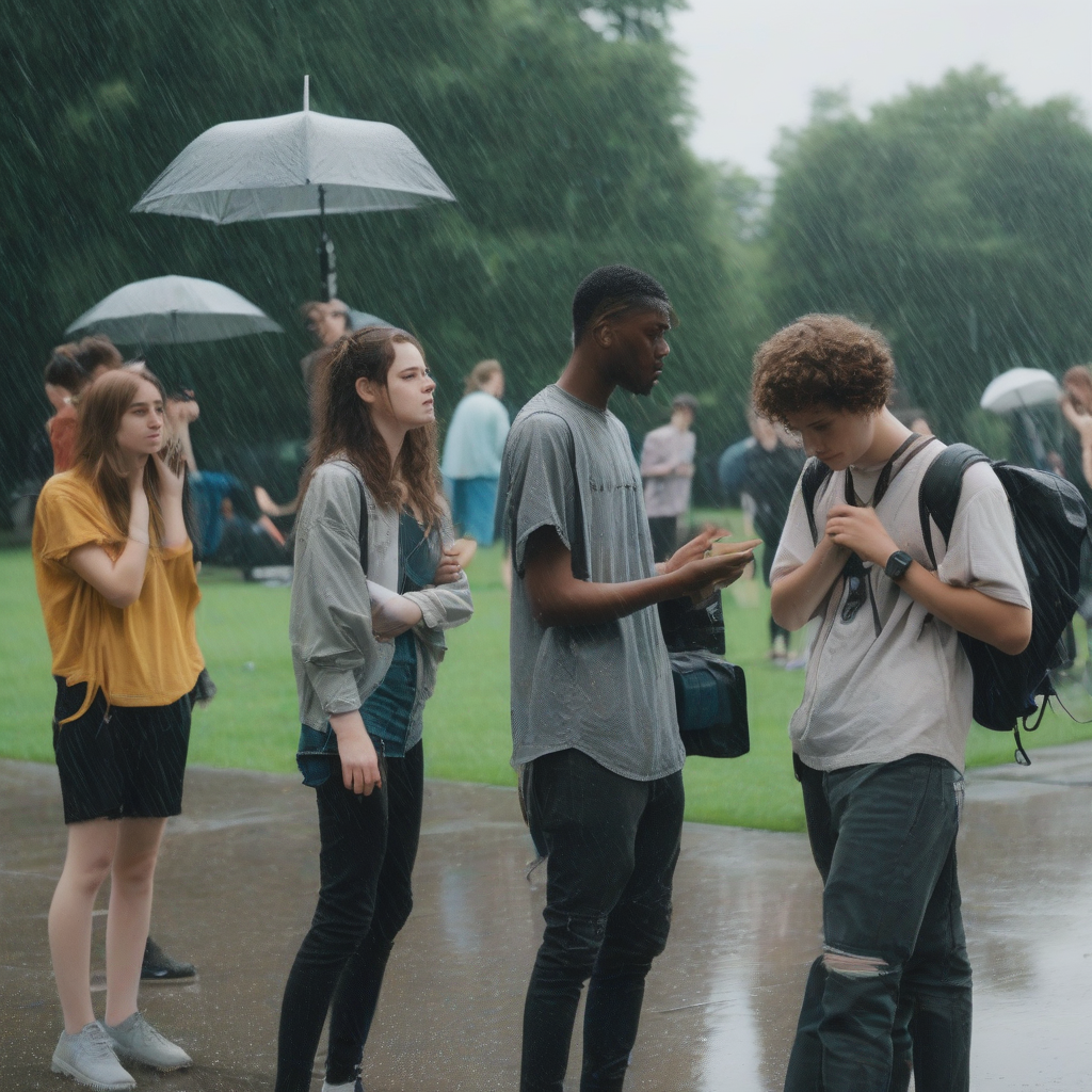 a group of film students in a park in the summer rain without umbrellas by मुफ्त एआई छवि जनरेटर - बिना लॉगिन के✨ | AIGAZOU