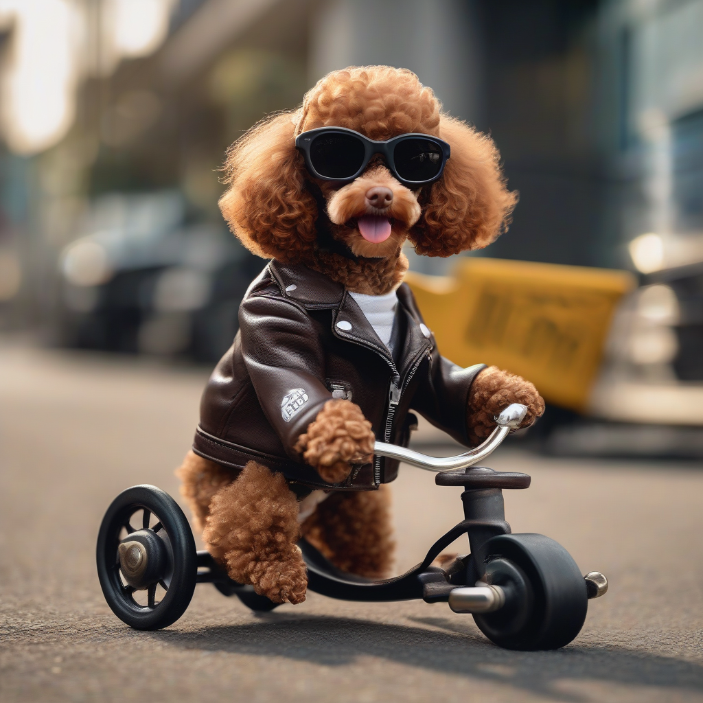 black sunglasses leather jacket brown toy poodle by मुफ्त एआई छवि जनरेटर - बिना लॉगिन के✨ | AIGAZOU