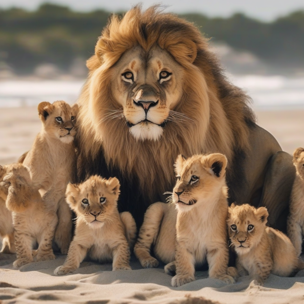 powerful lion on the beach with cubs and mother by मुफ्त एआई छवि जनरेटर - बिना लॉगिन के✨ | AIGAZOU