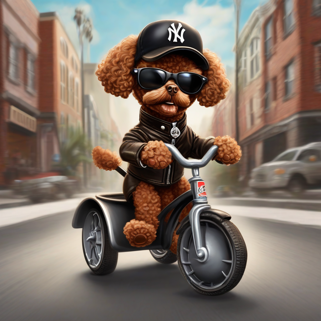 charlie kebbitt son logo with black sunglasses leather jacket brown toy poodle driving tricycle by मुफ्त एआई छवि जनरेटर - बिना लॉगिन के✨ | AIGAZOU