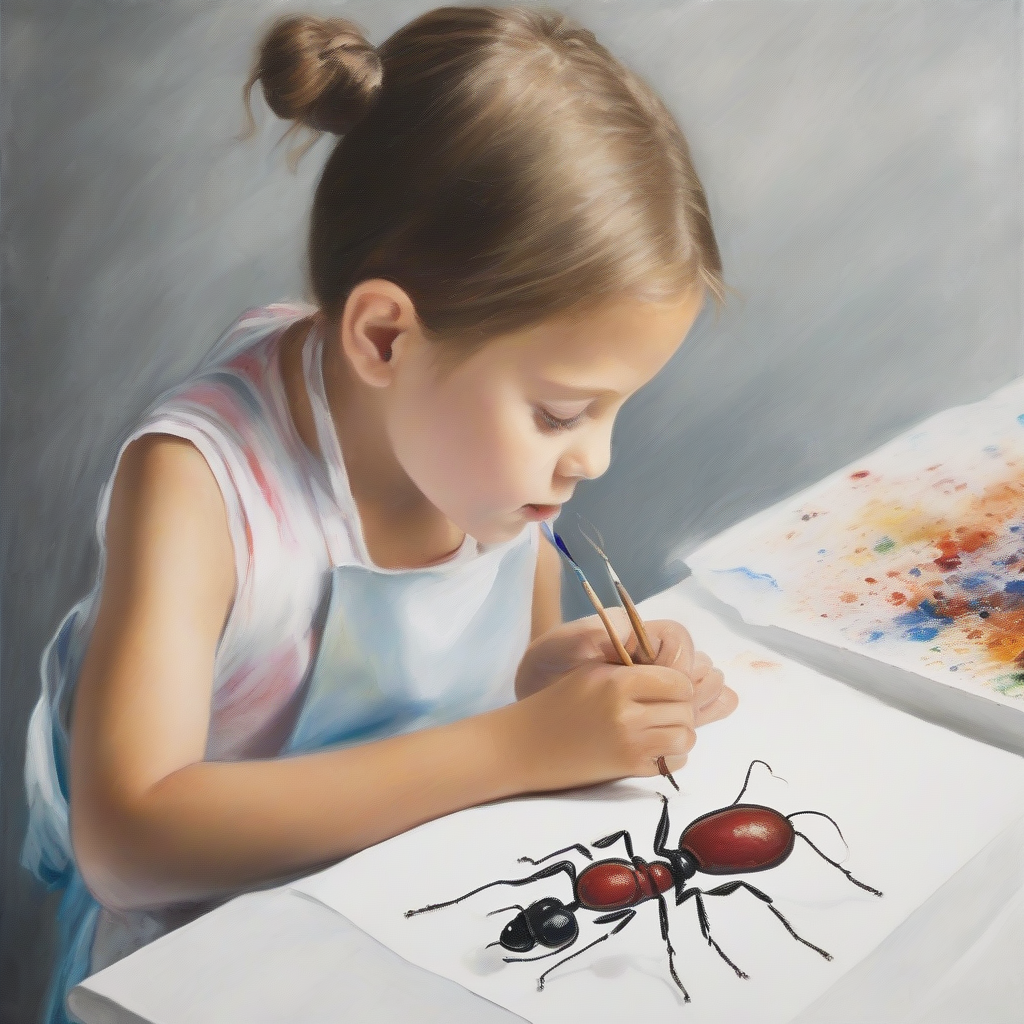 a 7 year old child in a paint stained apron paints a tiny ant by मुफ्त एआई छवि जनरेटर - बिना लॉगिन के✨ | AIGAZOU