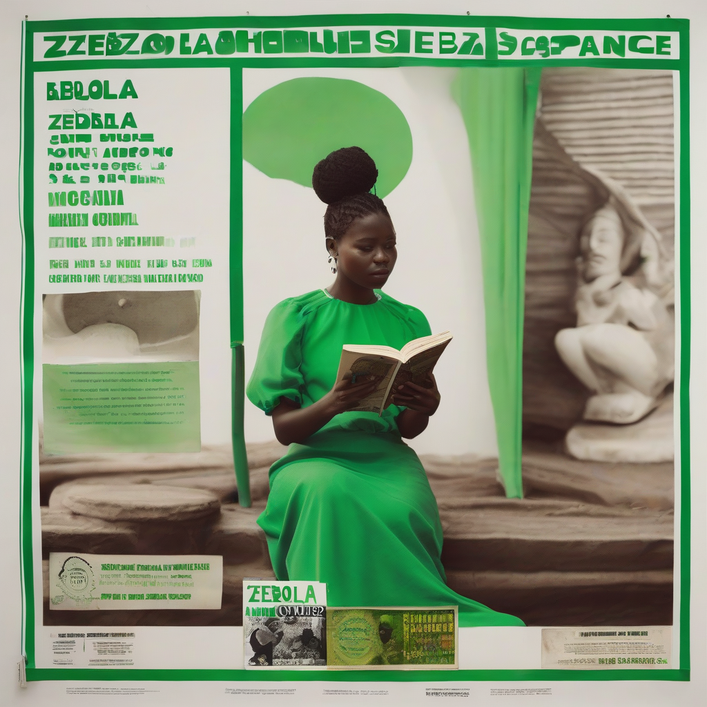 a poster of a young woman reading dressed in green and white at the cultural space village zebola written zebola by मुफ्त एआई छवि जनरेटर - बिना लॉगिन के✨ | AIGAZOU