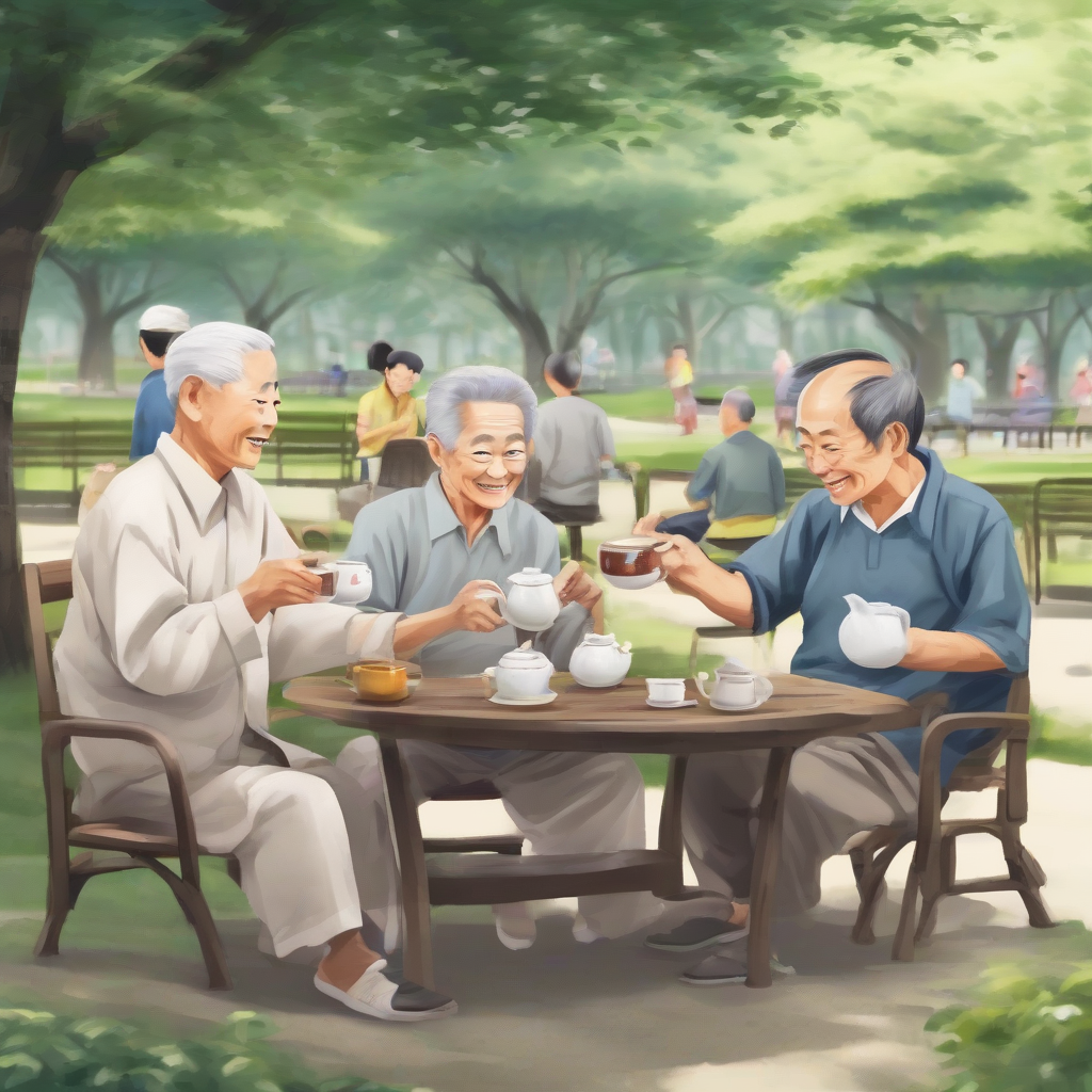 elderly asians enjoying tea and chatting in park by मुफ्त एआई छवि जनरेटर - बिना लॉगिन के✨ | AIGAZOU