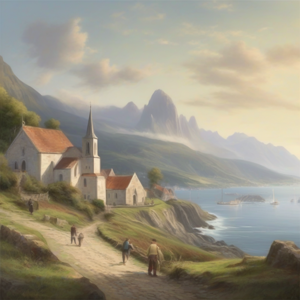 coastal landscape with mountains church and town by Générateur d'images par IA gratuit - Aucune connexion nécessaire✨ | AIGAZOU