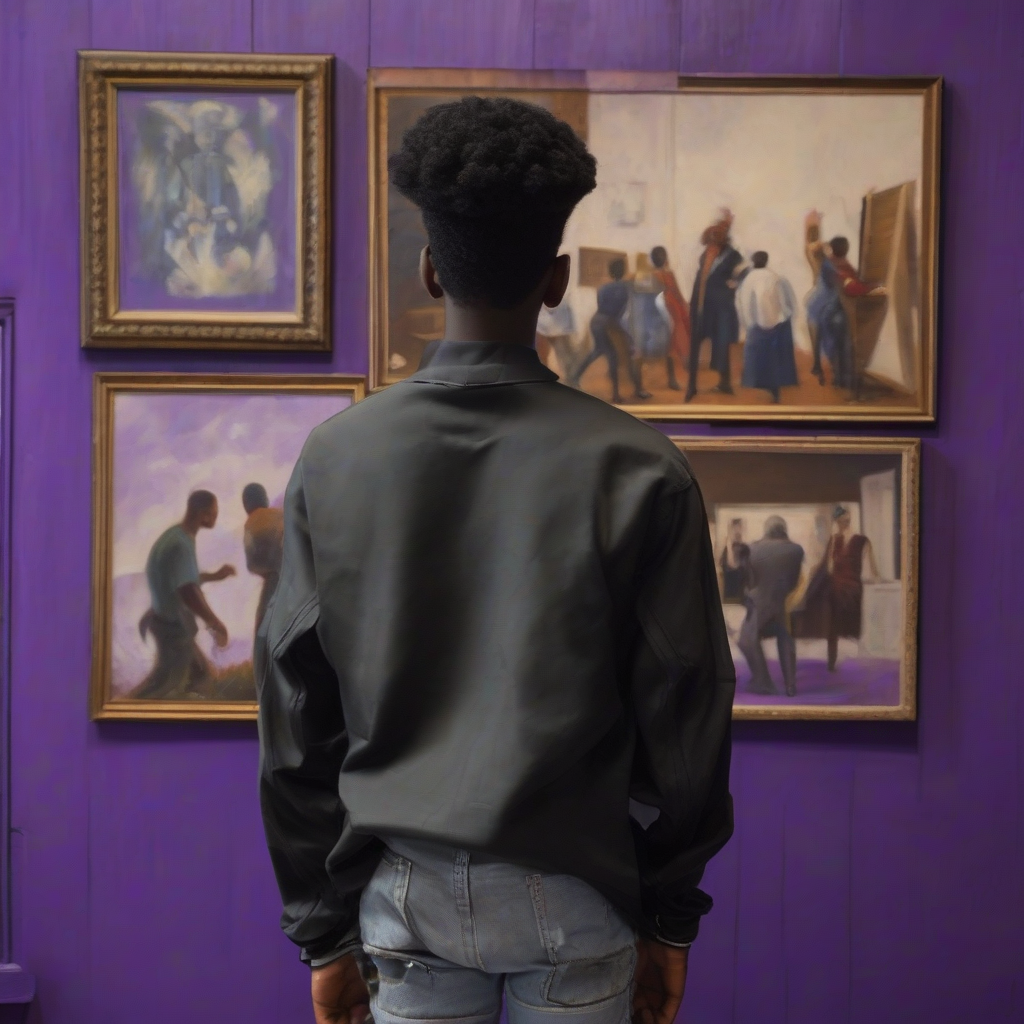 a young black man back painting purple wood wall by मुफ्त एआई छवि जनरेटर - बिना लॉगिन के✨ | AIGAZOU