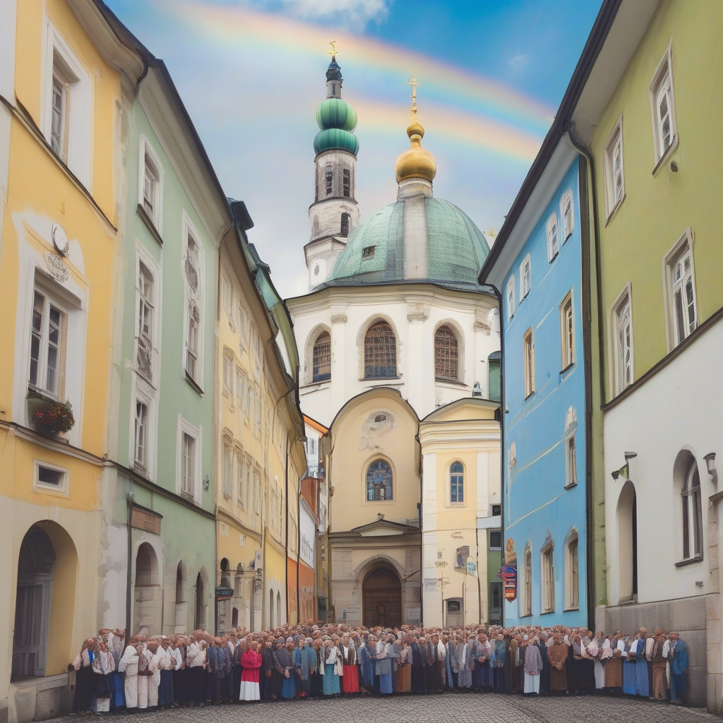 passau men church judaism islam rainbow headscarves blue checkered kippa groom scalps by मुफ्त एआई छवि जनरेटर - बिना लॉगिन के✨ | AIGAZOU