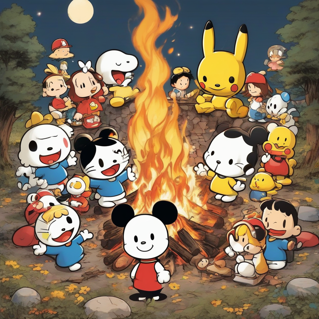 anime style snoopy pikachu doraemon mickey mouse kitty around bonfire by मुफ्त एआई छवि जनरेटर - बिना लॉगिन के✨ | AIGAZOU