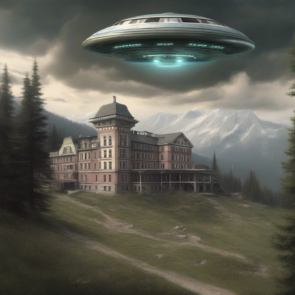 ufo over a sanatorium in the mountains 1900 realistic by मुफ्त एआई छवि जनरेटर - बिना लॉगिन के✨ | AIGAZOU