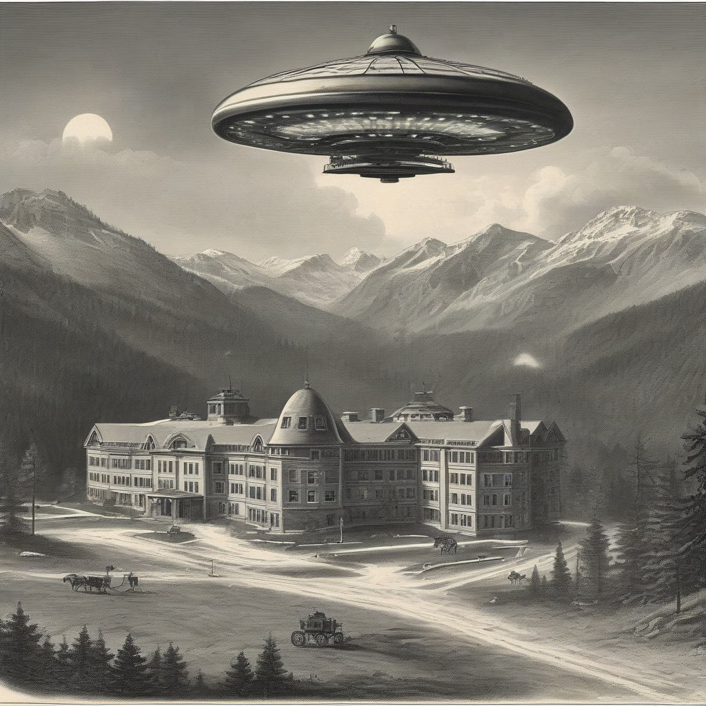 ufo over a sanatorium in the mountains 1880 by 免费AI图像生成工具 | AIGAZOU