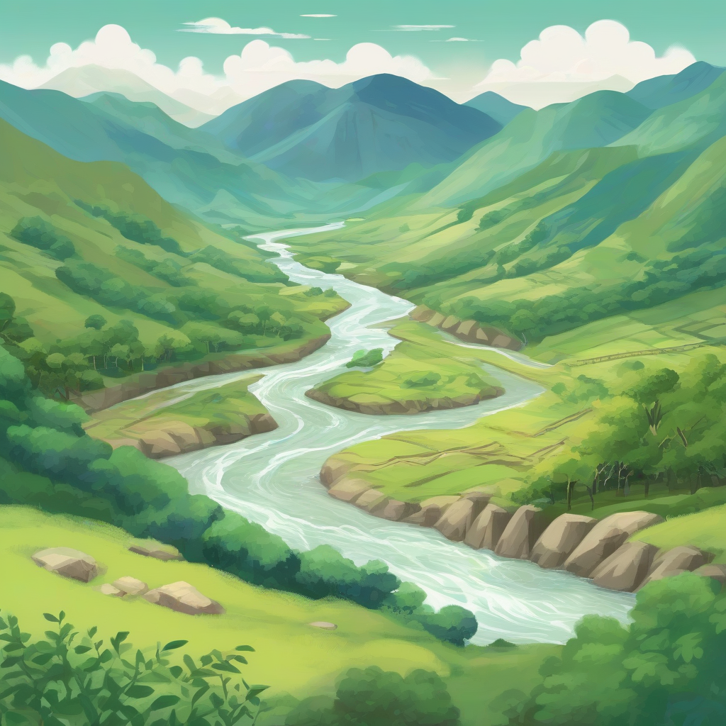 illustration of mountain landscape with river and rural scenery by मुफ्त एआई छवि जनरेटर - बिना लॉगिन के✨ | AIGAZOU