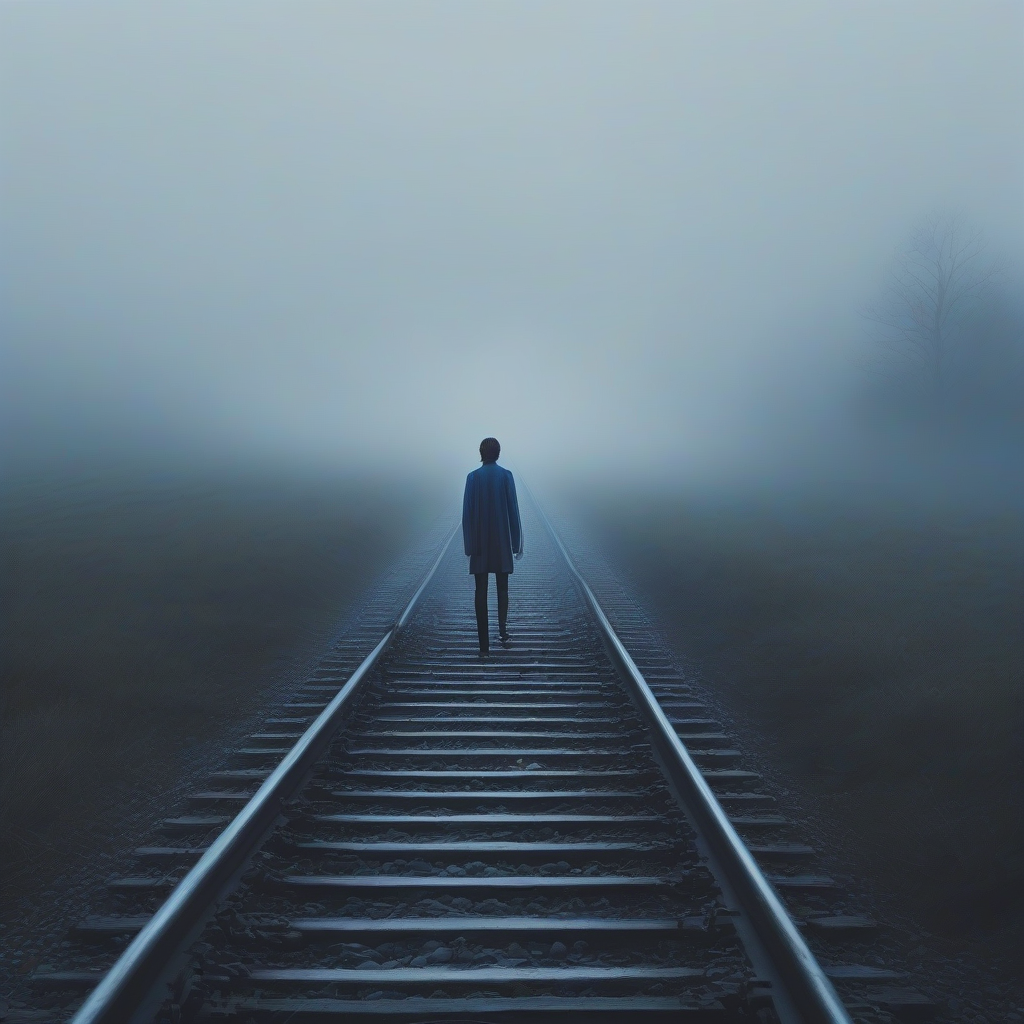 a blue and white nebulous background with a railway vanishing into infinity a young man and woman walking on opposite by मुफ्त एआई छवि जनरेटर - बिना लॉगिन के✨ | AIGAZOU