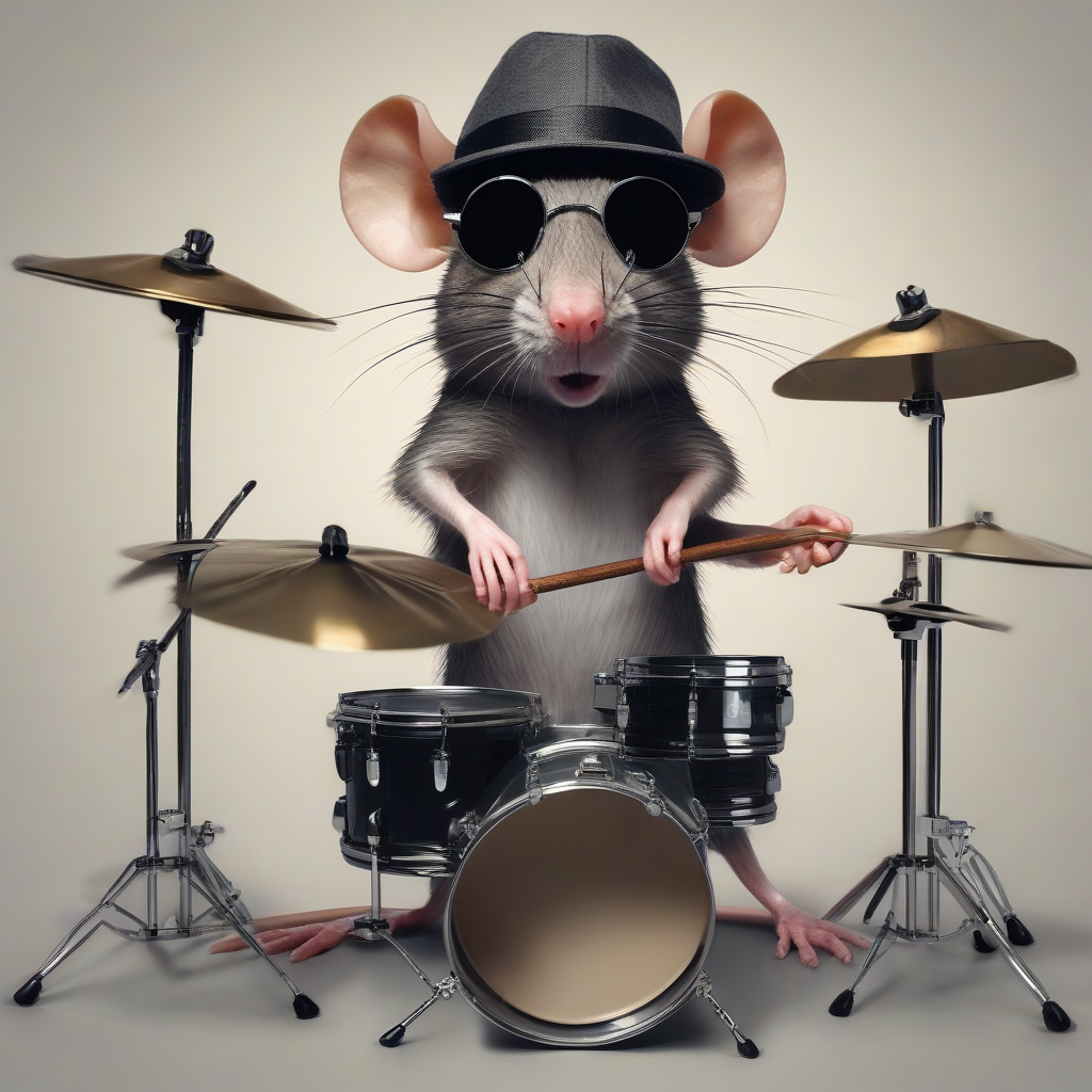 rat with dark glasses and hat plays drums by Générateur d'images par IA gratuit - Aucune connexion nécessaire✨ | AIGAZOU