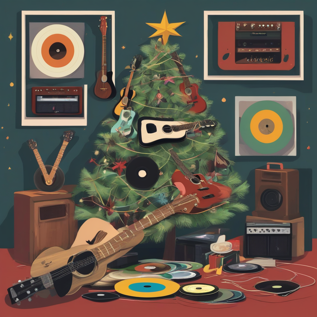 a festively decorated christmas tree with guitars and records by मुफ्त एआई छवि जनरेटर - बिना लॉगिन के✨ | AIGAZOU