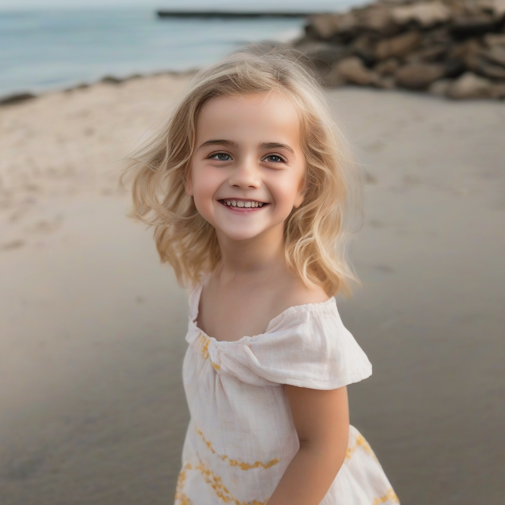 a three year old blonde girl smiling by the sea reminiscent of emma watson by मुफ्त एआई छवि जनरेटर - बिना लॉगिन के✨ | AIGAZOU