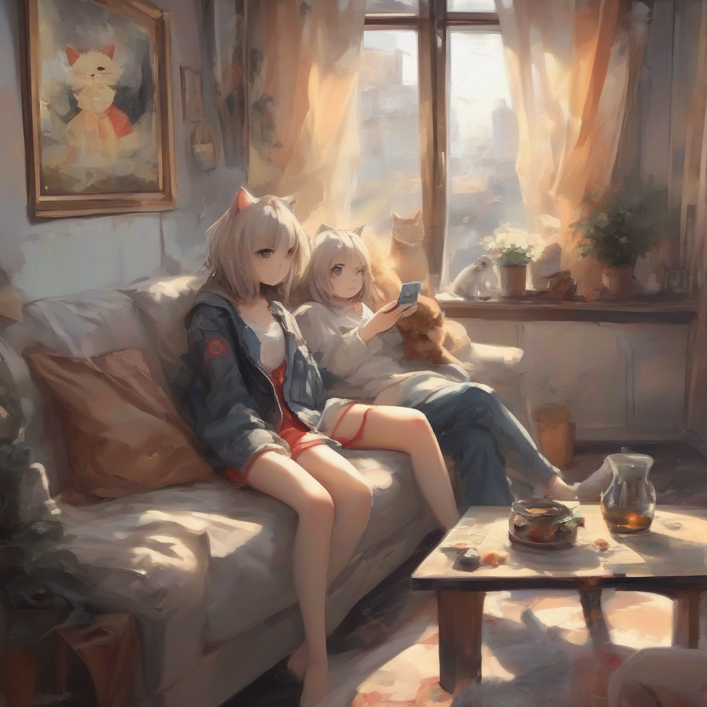 anime style indoor sofa tv wall oil painting cats clothing by मुफ्त एआई छवि जनरेटर - बिना लॉगिन के✨ | AIGAZOU