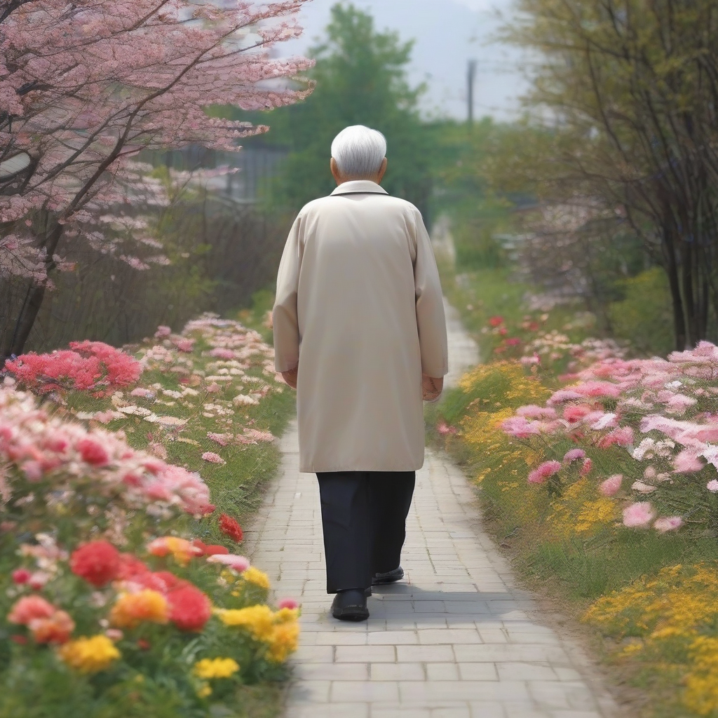 an elderly person walking on a path with flowers by मुफ्त एआई छवि जनरेटर - बिना लॉगिन के✨ | AIGAZOU