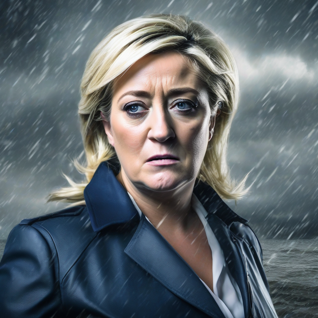 create an image of marine le pen with threatening and menacing looks and bad weather in the background by 免费AI图像生成工具 | AIGAZOU