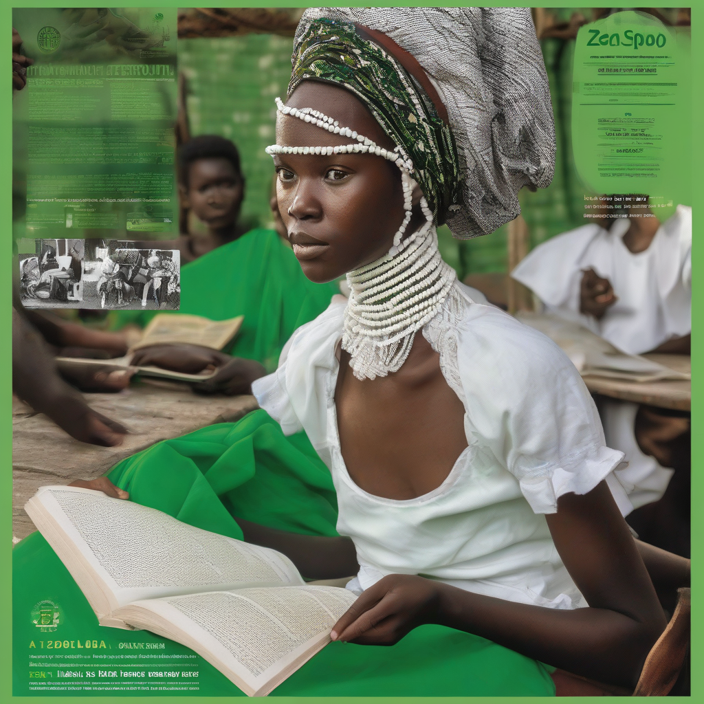 a young woman reading dressed in green and white at village zebola cultural space by मुफ्त एआई छवि जनरेटर - बिना लॉगिन के✨ | AIGAZOU