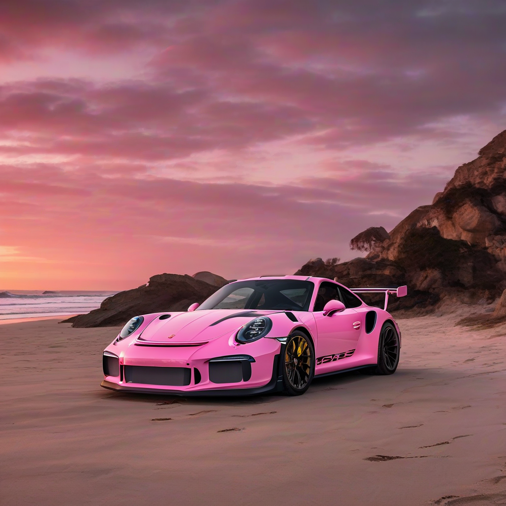 porsche gt3rs in pink at sunset on the beach by मुफ्त एआई छवि जनरेटर - बिना लॉगिन के✨ | AIGAZOU