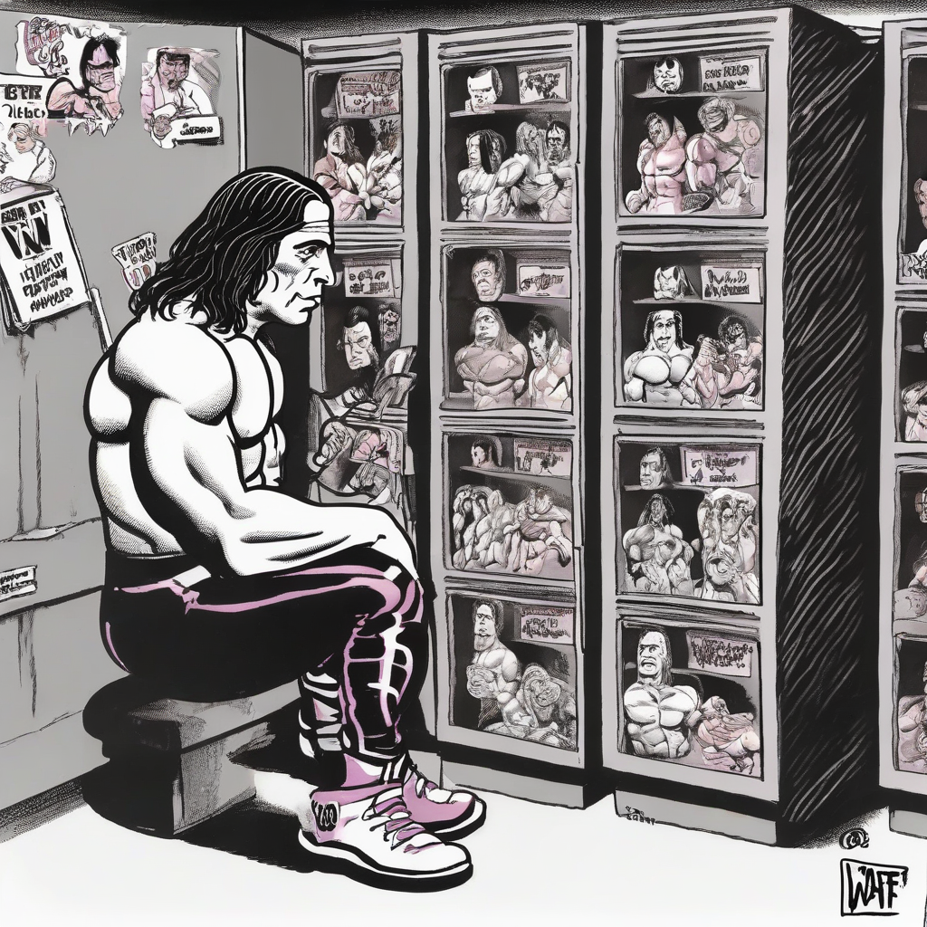 bret hart thinking wwf locker room cartoon 1990 by Générateur d'images par IA gratuit - Aucune connexion nécessaire✨ | AIGAZOU