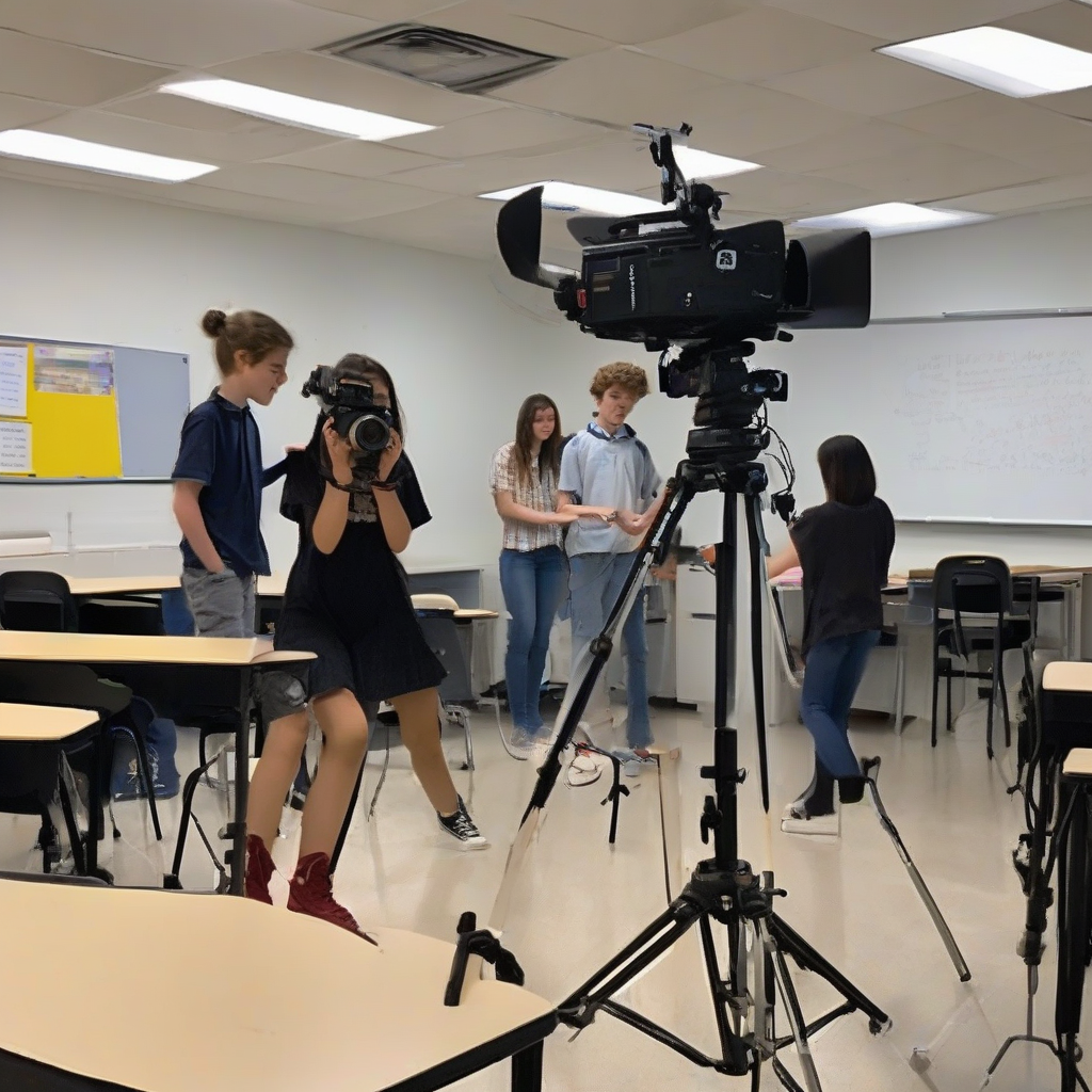 a group of 6 students set up a shooting location in classroom by मुफ्त एआई छवि जनरेटर - बिना लॉगिन के✨ | AIGAZOU