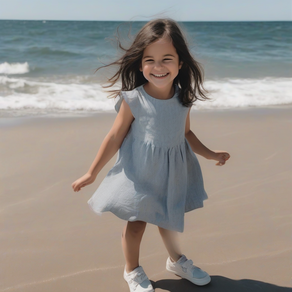 a four year old girl with dark brown hair smiling by the sea by Générateur d'images par IA gratuit - Aucune connexion nécessaire✨ | AIGAZOU