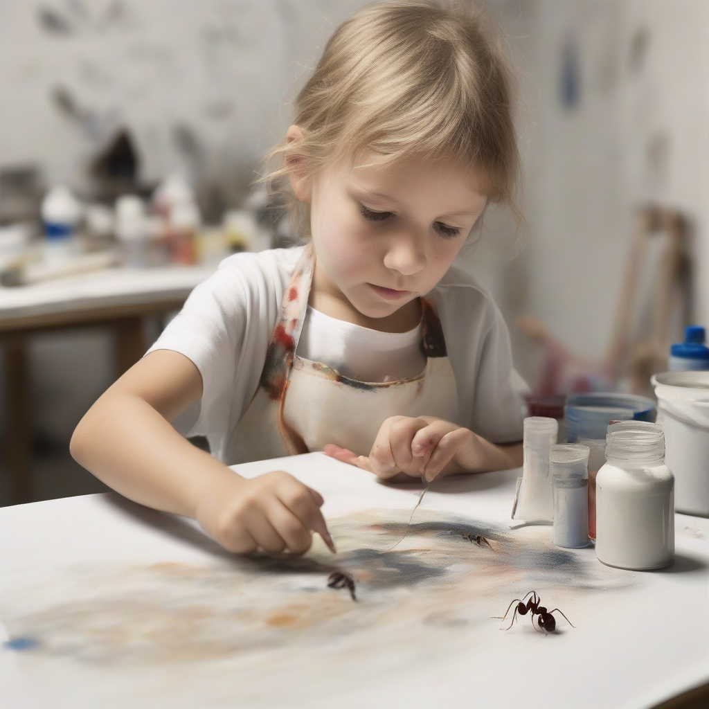 a 7 year old child wearing a paint stained apron painting a tiny invisible ant by أداة مجانية لإنشاء الصور بالذكاء الاصطناعي - إنشاء الصور بدون تسجيل الدخول | AIGAZOU