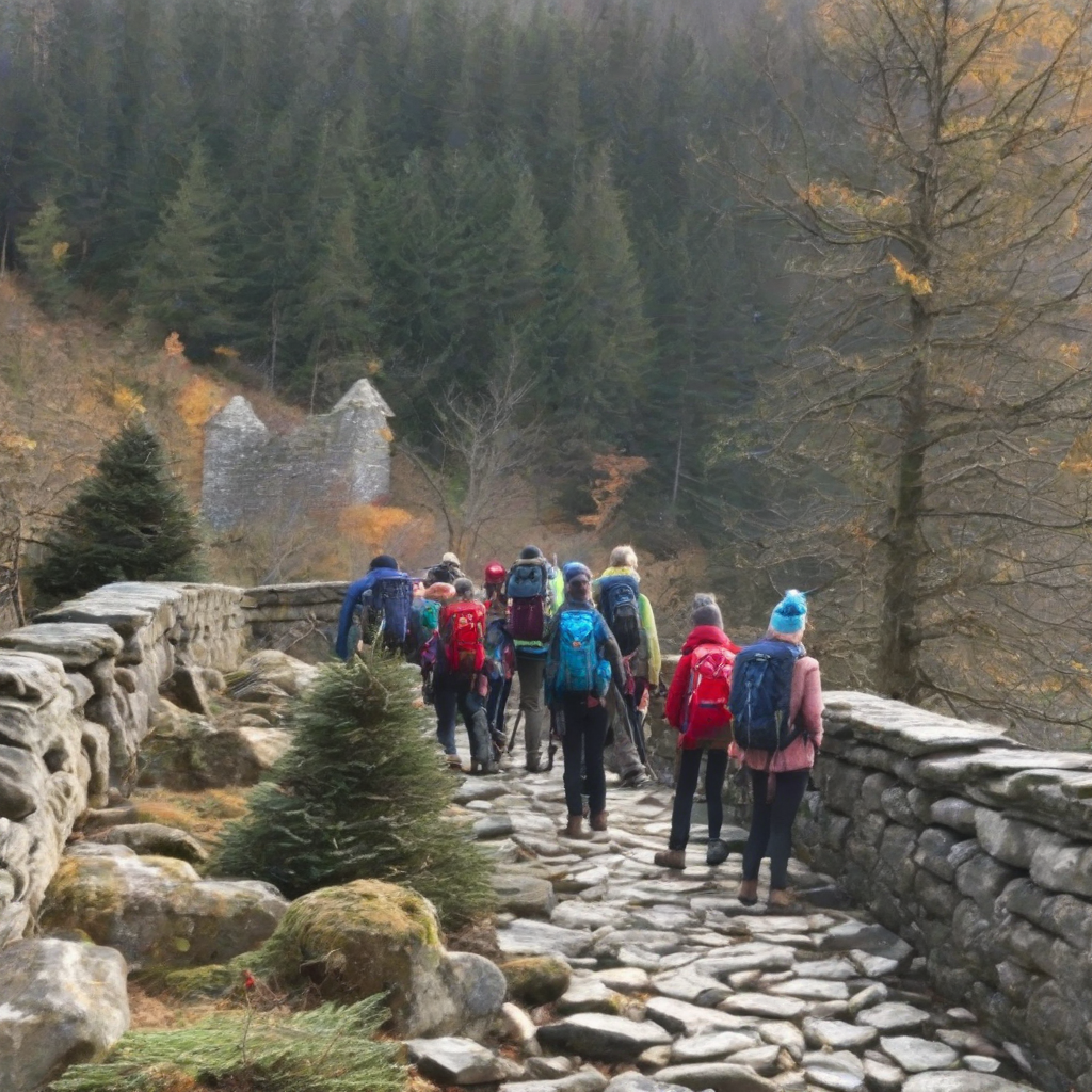 a group of hikers with backpacks and hiking sticks stand on an old stone bridge and admire a christmas tree by मुफ्त एआई छवि जनरेटर - बिना लॉगिन के✨ | AIGAZOU