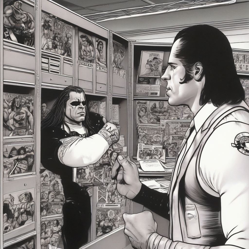 bret hart prepares for wwf locker room cartoon 1990 by Générateur d'images par IA gratuit - Aucune connexion nécessaire✨ | AIGAZOU