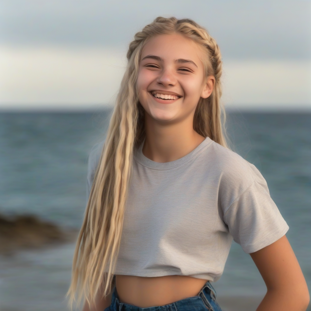 15 year old girl braid blonde smiling at sea by Générateur d'images par IA gratuit - Aucune connexion nécessaire✨ | AIGAZOU