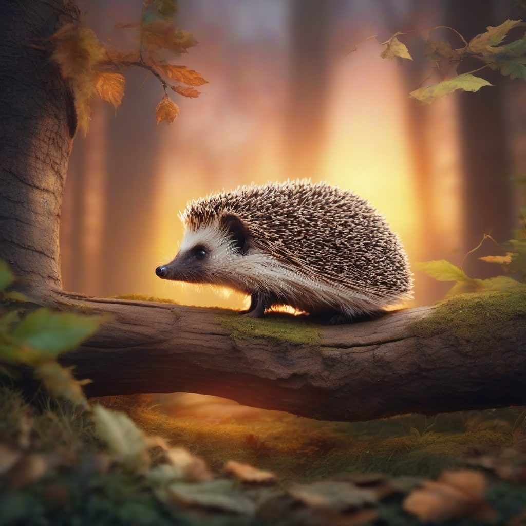 hedgehog on tree trunk in mystical forest by मुफ्त एआई छवि जनरेटर - बिना लॉगिन के✨ | AIGAZOU