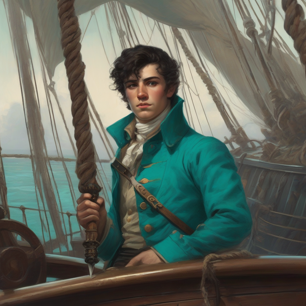 a teenager on an old sailboat with a turquoise coat and a dagger by Générateur d'images par IA gratuit - Aucune connexion nécessaire✨ | AIGAZOU