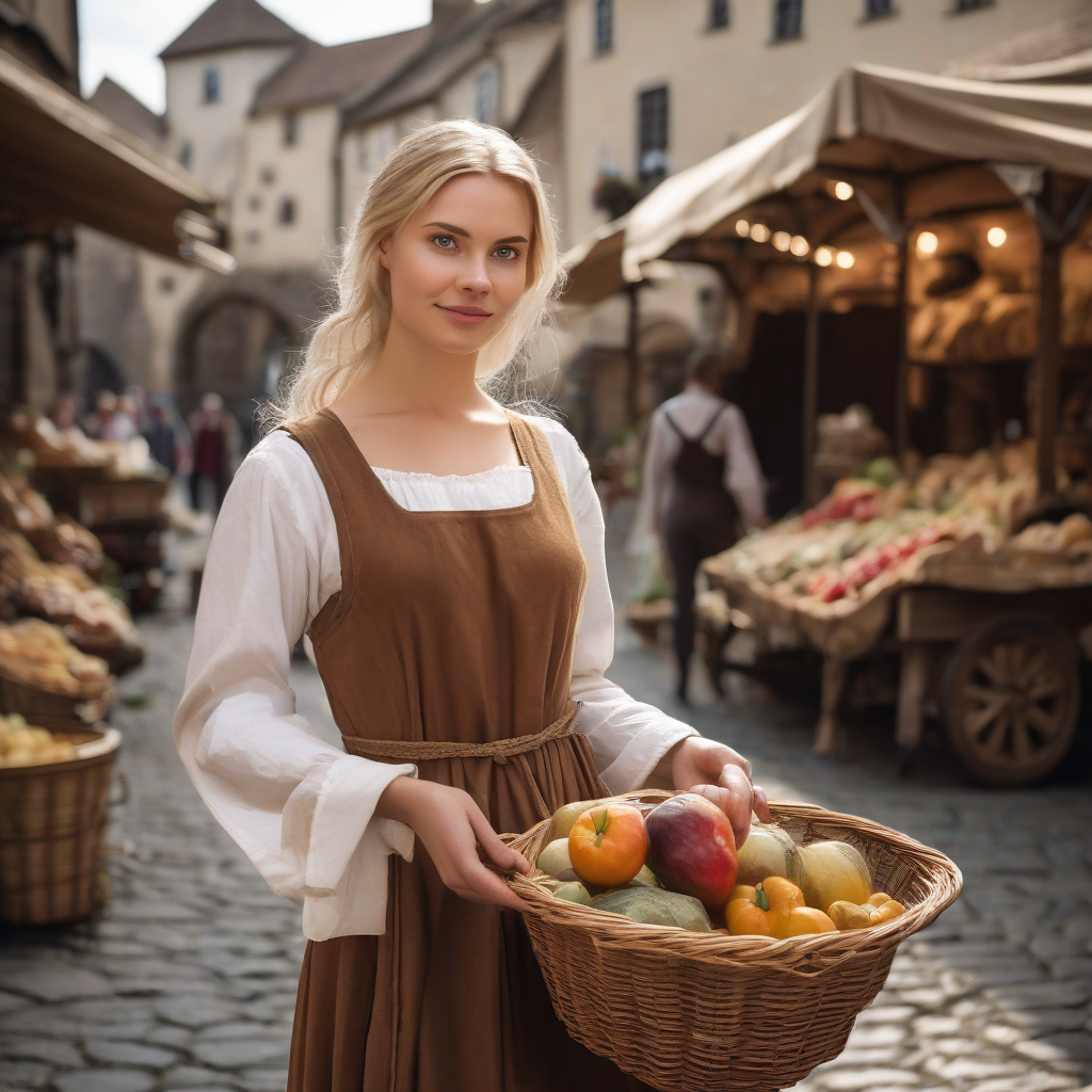 blonde woman in brown dress white apron basket medieval town by Générateur d'images par IA gratuit - Aucune connexion nécessaire✨ | AIGAZOU