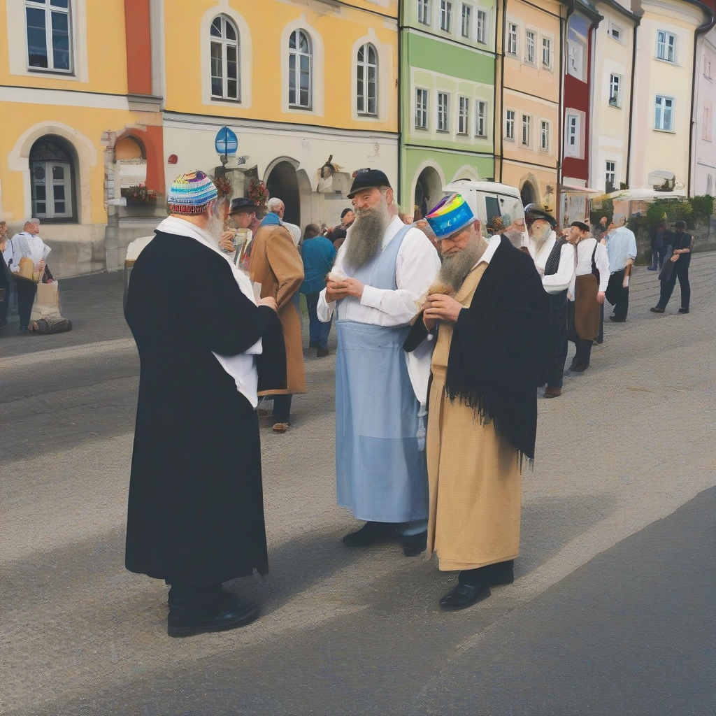 men trimming hair in rainbow headscarves and striped yarmulkes in passau by मुफ्त एआई छवि जनरेटर - बिना लॉगिन के✨ | AIGAZOU