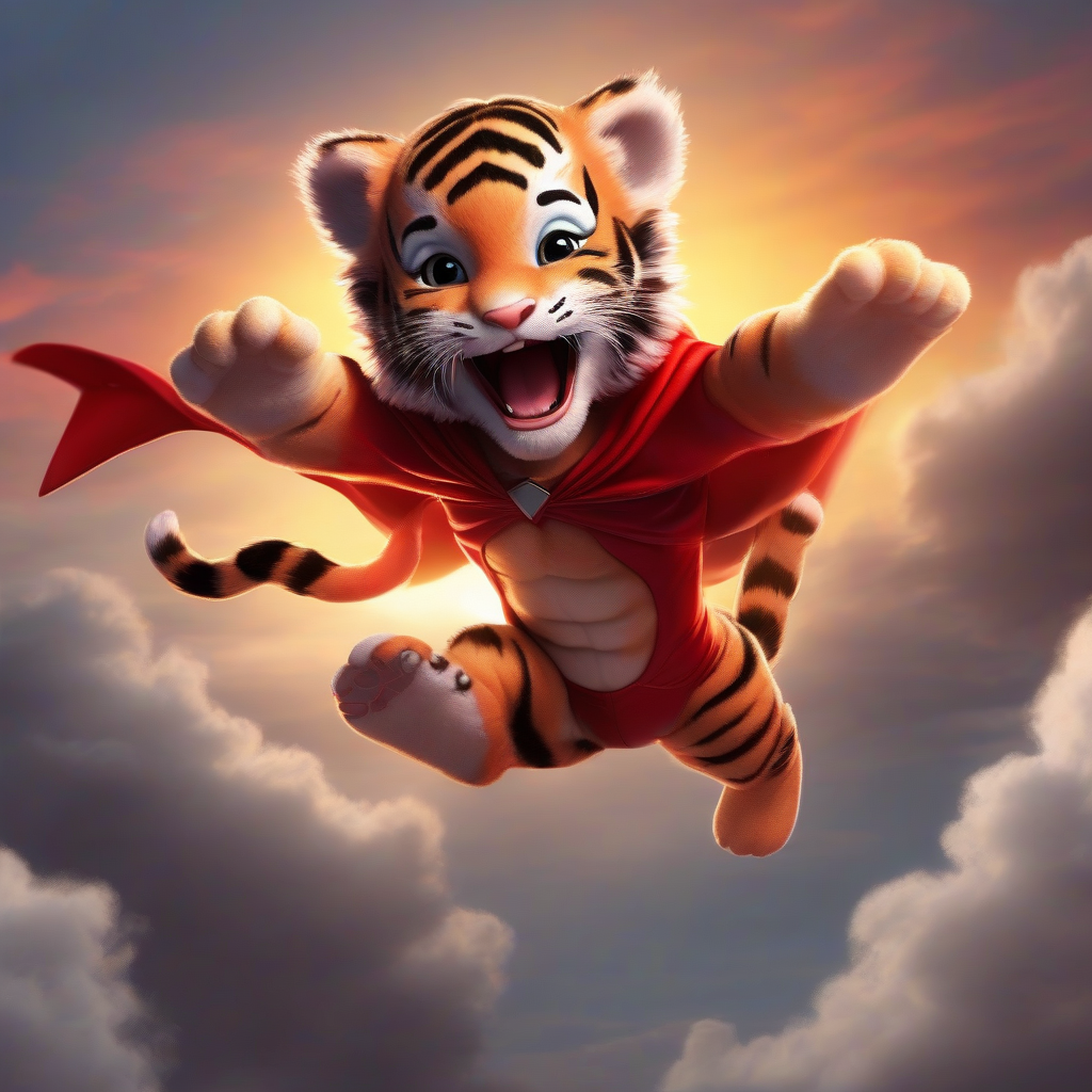 baby tiger superhero flying sunset by मुफ्त एआई छवि जनरेटर - बिना लॉगिन के✨ | AIGAZOU