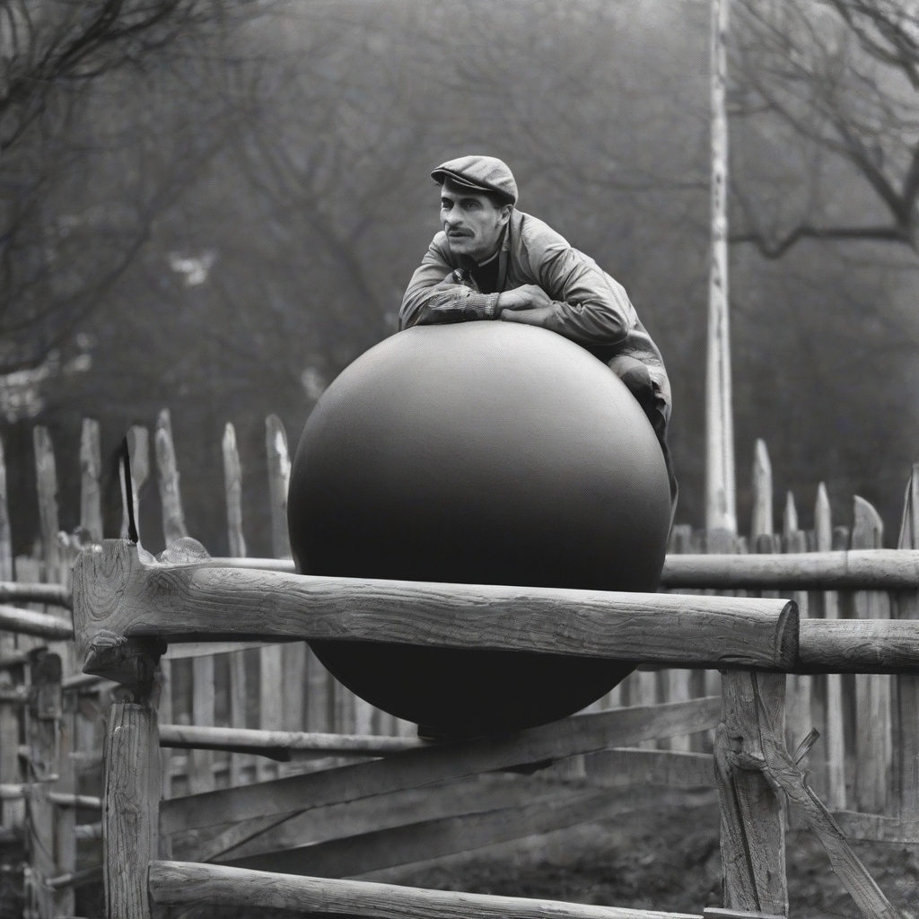 a man perched on a large ball on a picket fence by मुफ्त एआई छवि जनरेटर - बिना लॉगिन के✨ | AIGAZOU