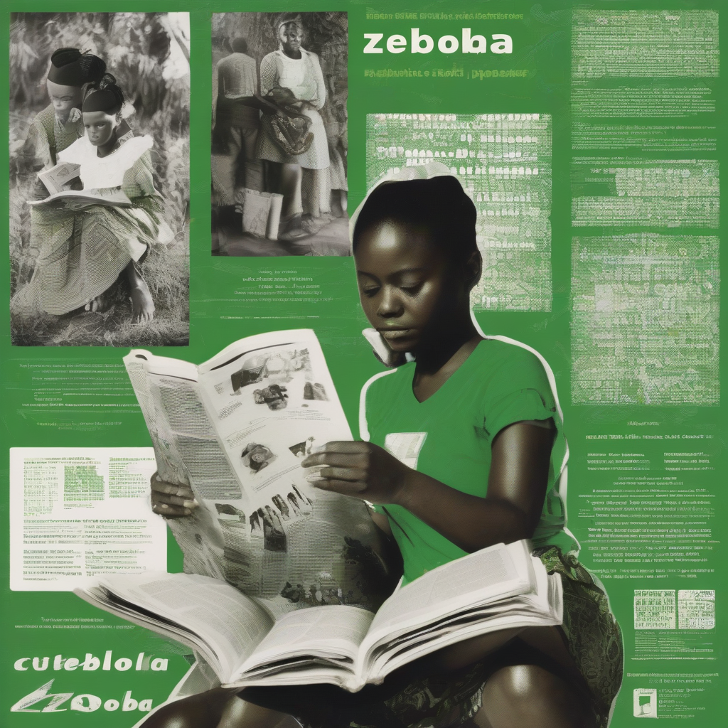 a poster of a young woman reading dressed in green and white at the cultural space village zebola written space by मुफ्त एआई छवि जनरेटर - बिना लॉगिन के✨ | AIGAZOU